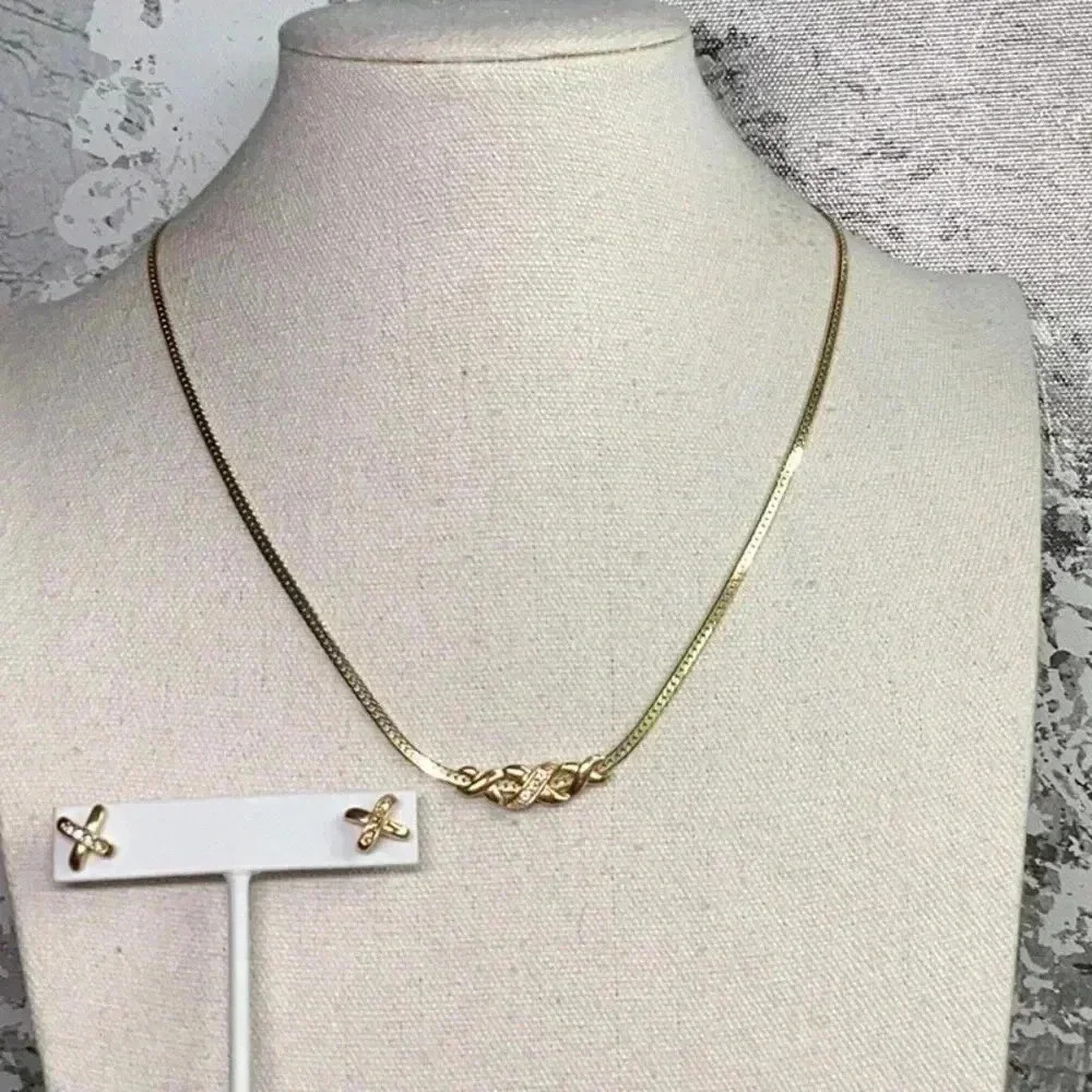 Dainty Gold and Rhinestone Necklace and Earrings Set